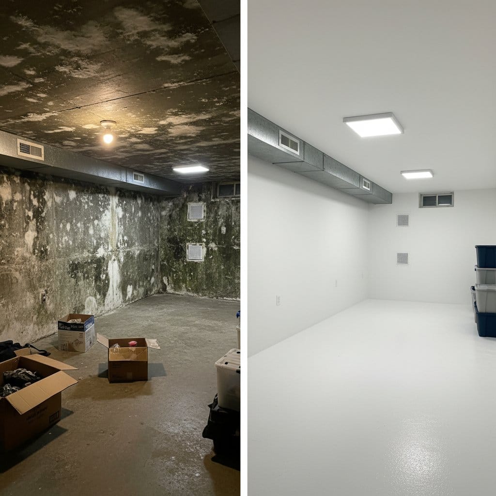 Mold Inspection & Moisture Assessment before and after in residential basement, Paramus NJ
