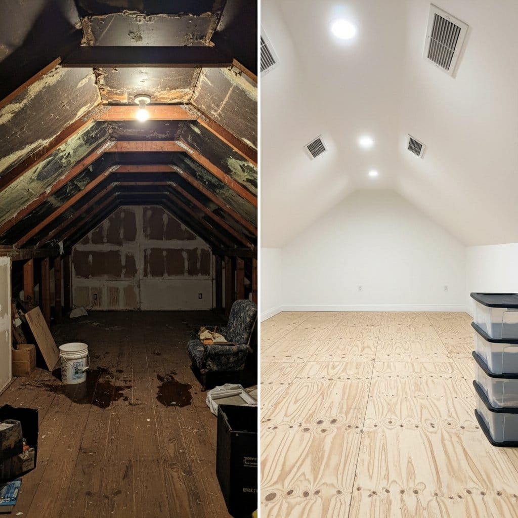 Before and after mold removal & remediation in Paramus commercial property attic space