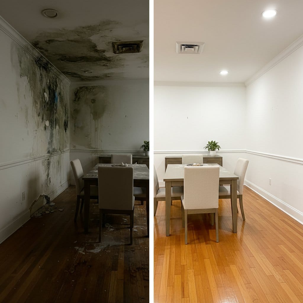 Before and after black mold removal in Paramus bungalow dining room