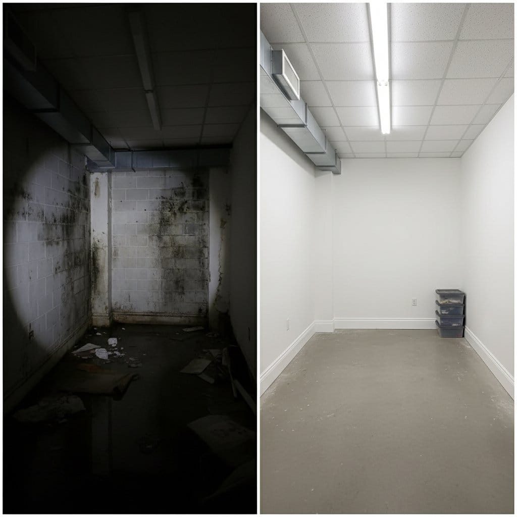 Attic & Crawl Space Mold Removal before and after in finished basement, Paramus NJ