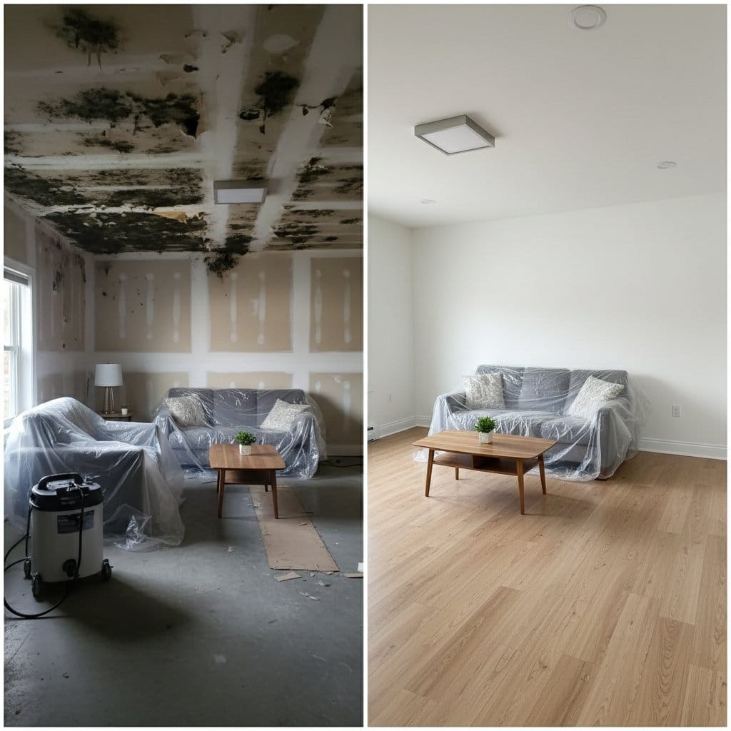 Bathroom & Kitchen Mold Removal before and after in living room, Paramus NJ