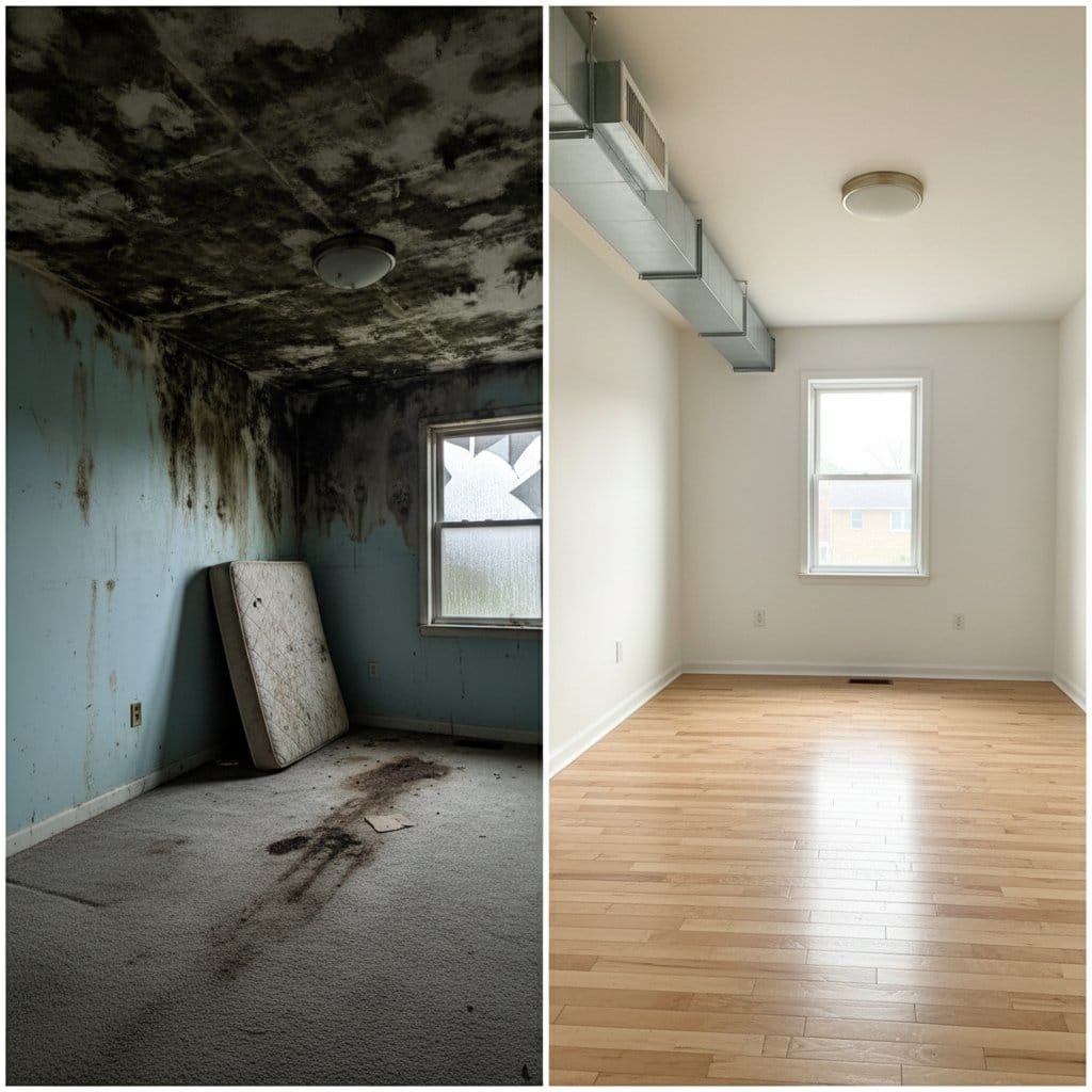 Before and after bathroom & kitchen mold removal in Paramus bi-level home bedroom