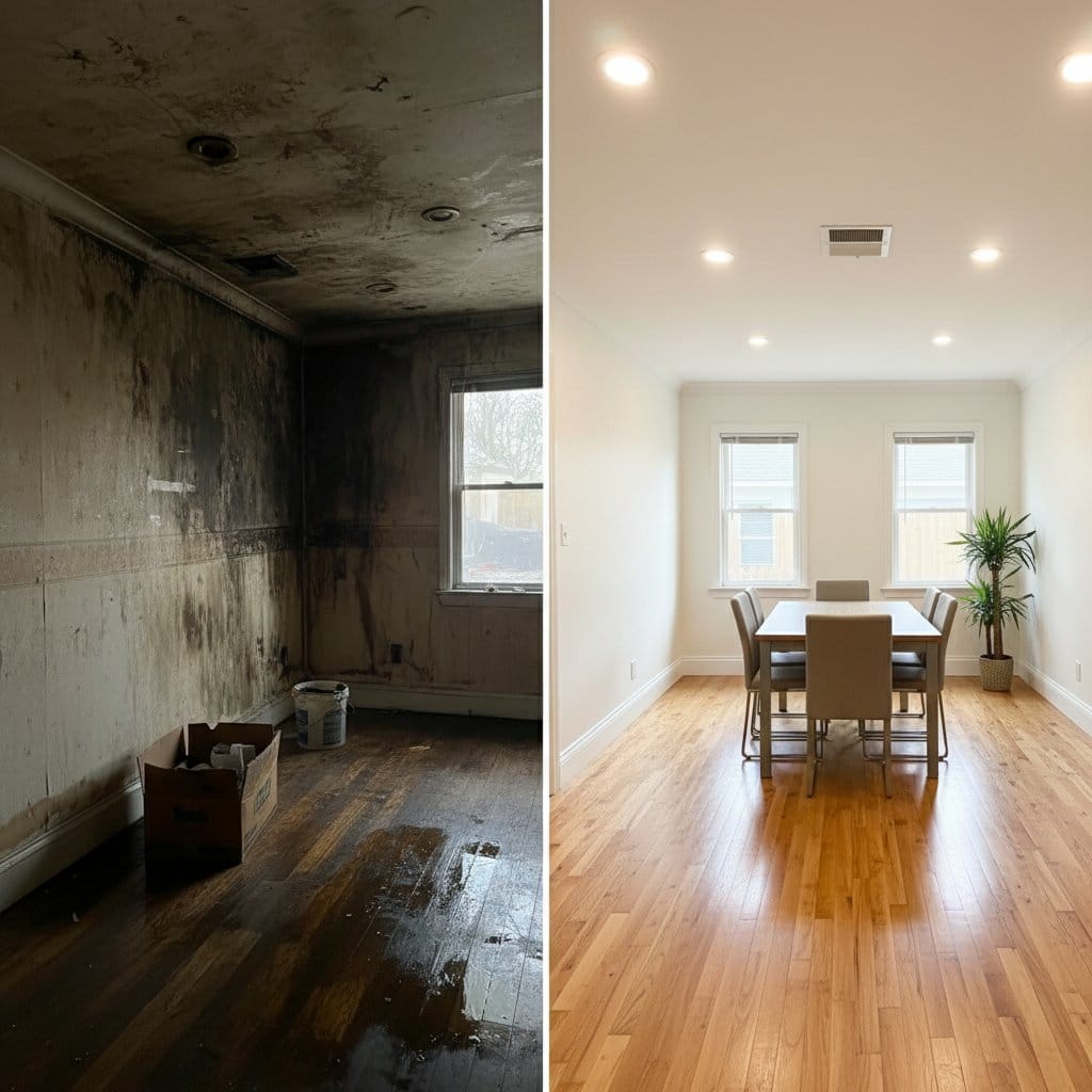 Before and after odor removal & disinfection in Paramus ranch-style home dining room